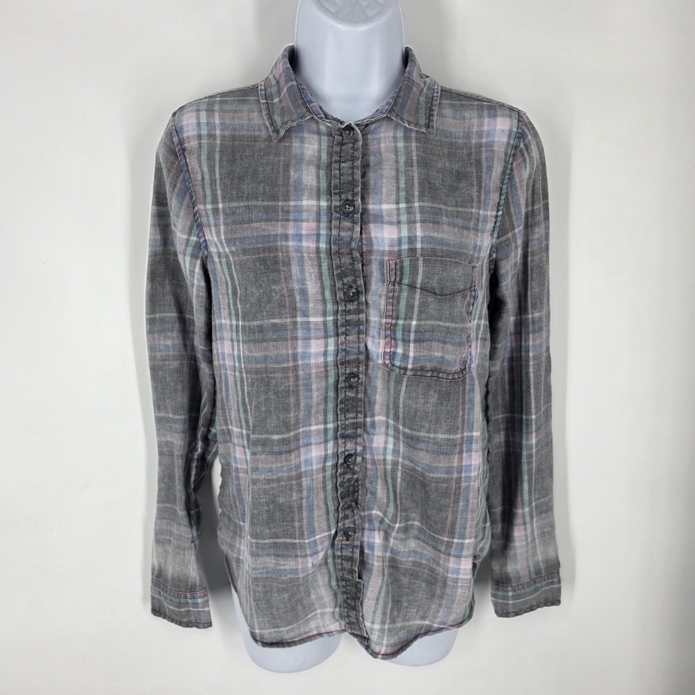 American Eagle Women's XS Boyfriend Fit Plaid Flannel Shirt Grey Pink Blue Soft